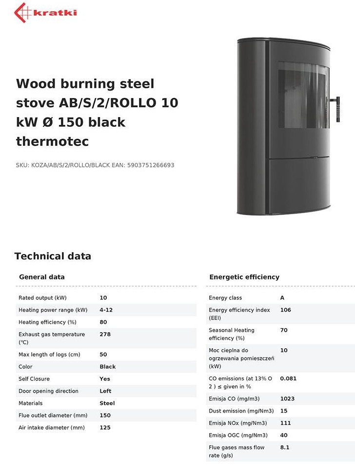 KOZA/AB/S/2/ROLLO/BLACK 10KW (70-90M2) ΕΝΕΡΓΕΙΑΚΗ ΣΟΜΠΑ ΞΥΛΟΥ ΑΠΟ ΧΑΛΥΒΑ ΜΕ ΜΑΥΡΑ ΚΕΡΑΜΙΚΑ TERMOTEC